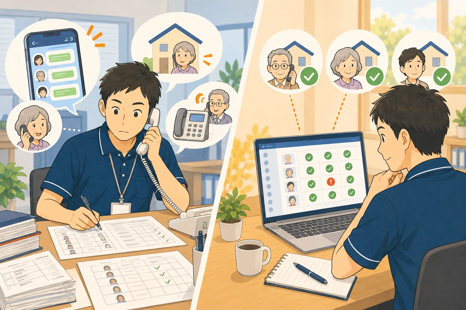 左は名簿と電話・LINEで手作業で安否を確認する管理者、右はノートパソコンの一覧画面で確認状況を見る管理者。無料手段と有料システムの対比。