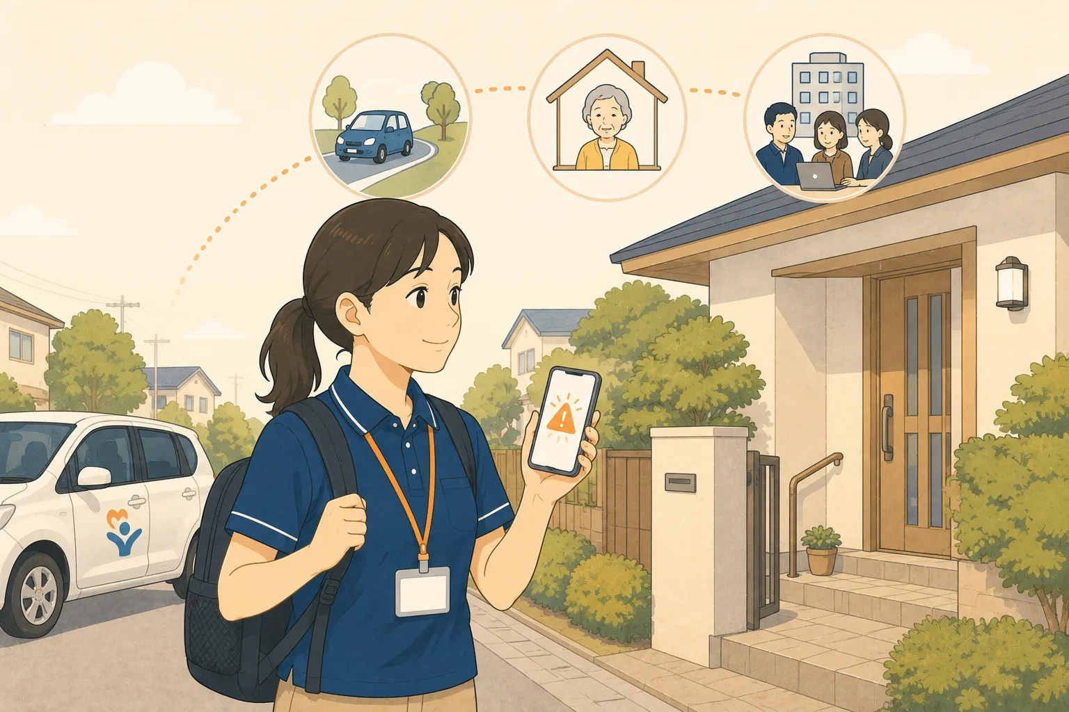 利用者宅へ向かう訪問介護のヘルパーがスマートフォンで災害警報を確認している様子。背景に事業所の車と住宅、上部に「移動中」「訪問先」「事業所」の3場面を示す円。