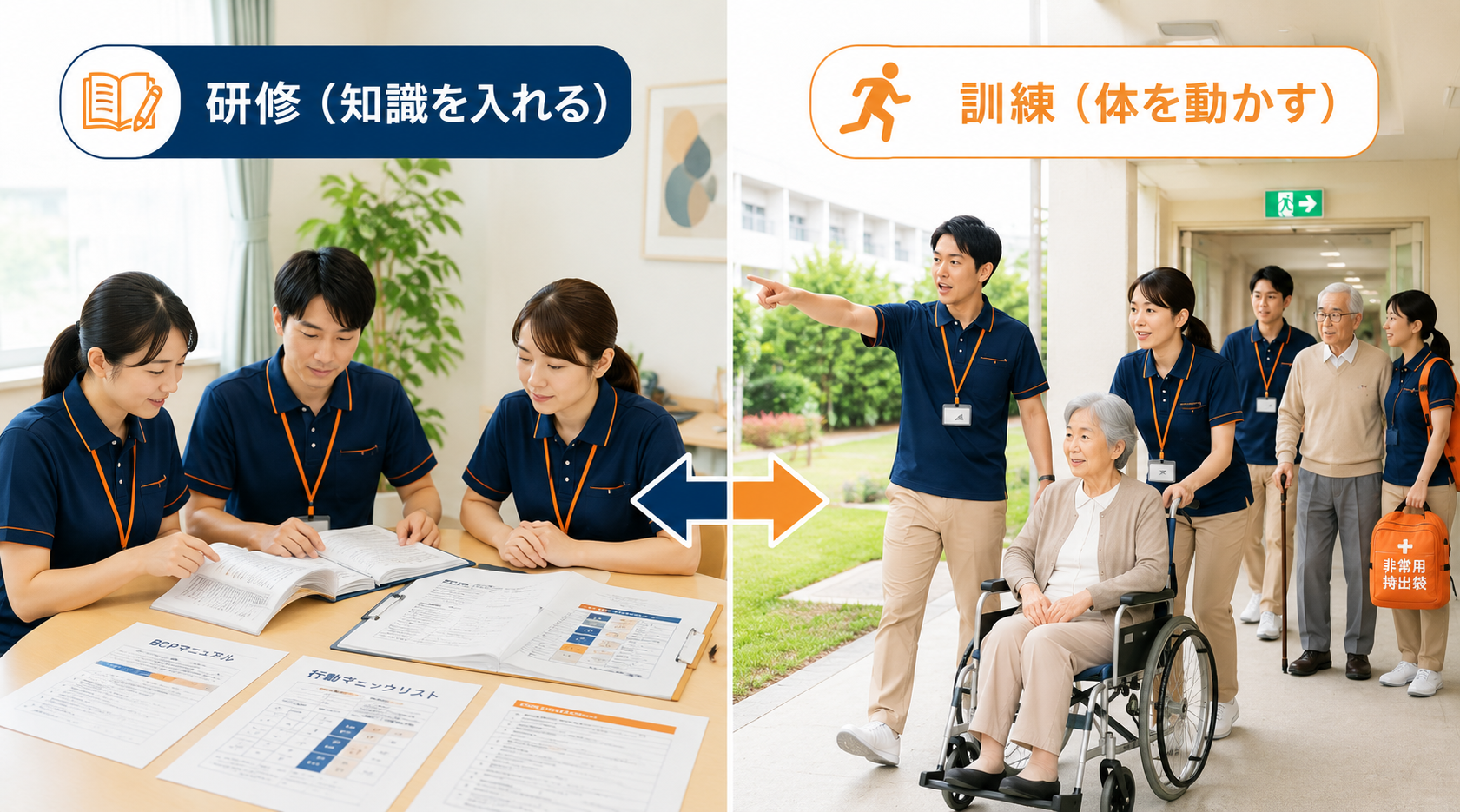 研修（知識を入れる）と訓練（体を動かす）の違い。研修は資料での教育、訓練は実際の避難誘導など体を動かすシミュレーション