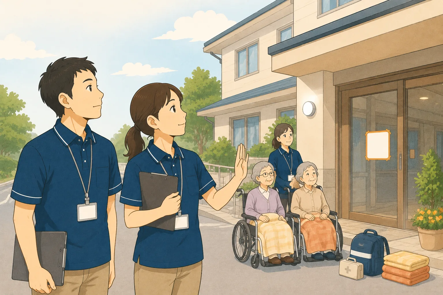 地震後の介護施設の前で、建物に戻ってよいかを職員同士で確認している様子。