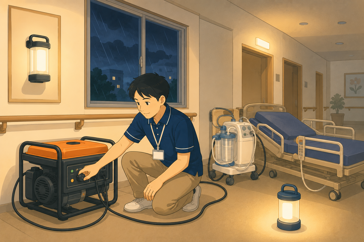 停電した介護施設の廊下で、非常用発電機を操作する男性職員。奥には吸引器と電動ベッド、足元にはランタンの灯り。窓の外は雨の夜。